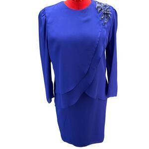 Patra Vintage Royal Blue Chiffon Draped Sequin Shoulder Appliqué Dress Women 12